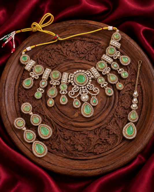 Green Hemisha Premium Sabya Inspired Necklace Set with Earring & Teeka