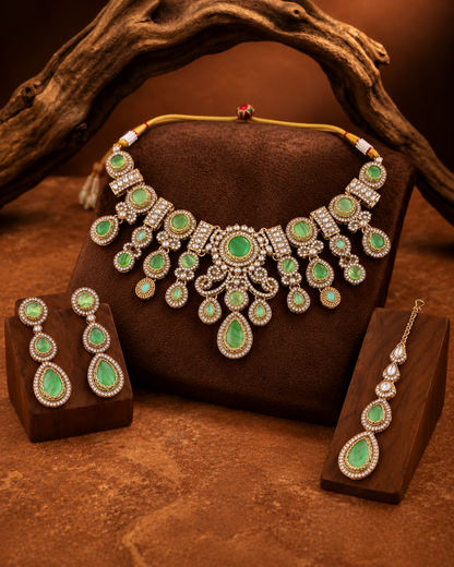 Green Hemisha Premium Sabya Inspired Necklace Set with Earring & Teeka