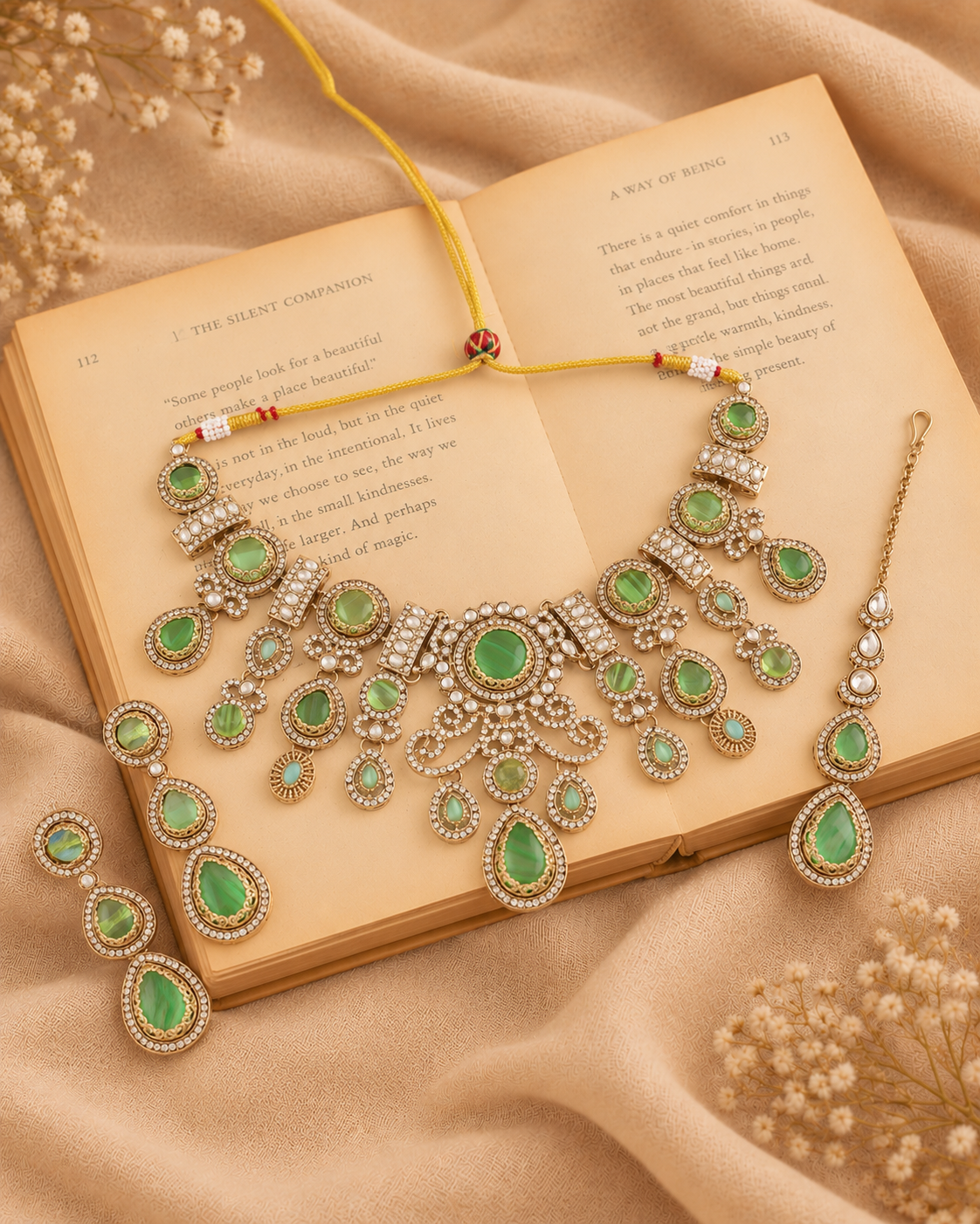 Green Hemisha Premium Sabya Inspired Necklace Set with Earring & Teeka
