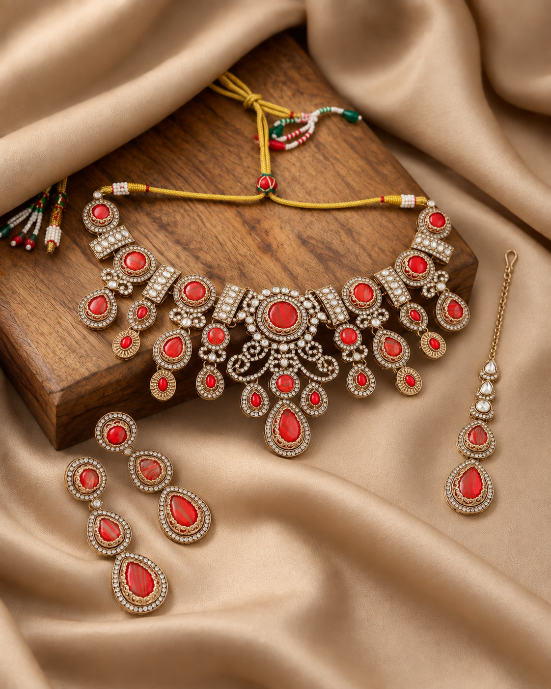 Red Hemisha Premium Sabya Inspired Necklace Set with Earring & Teeka