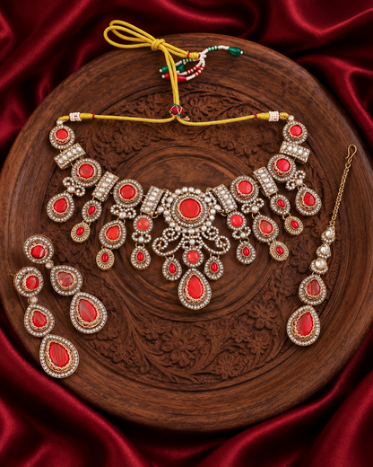 Red Hemisha Premium Sabya Inspired Necklace Set with Earring & Teeka
