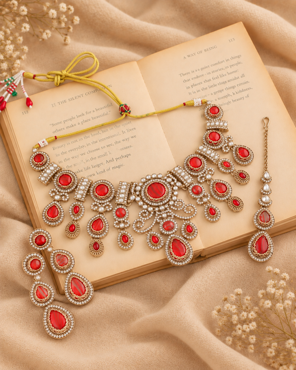Red Hemisha Premium Sabya Inspired Necklace Set with Earring & Teeka
