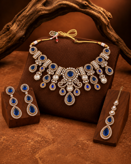 Blue Hemisha Premium Sabya Inspired Necklace Set with Earring & Teeka