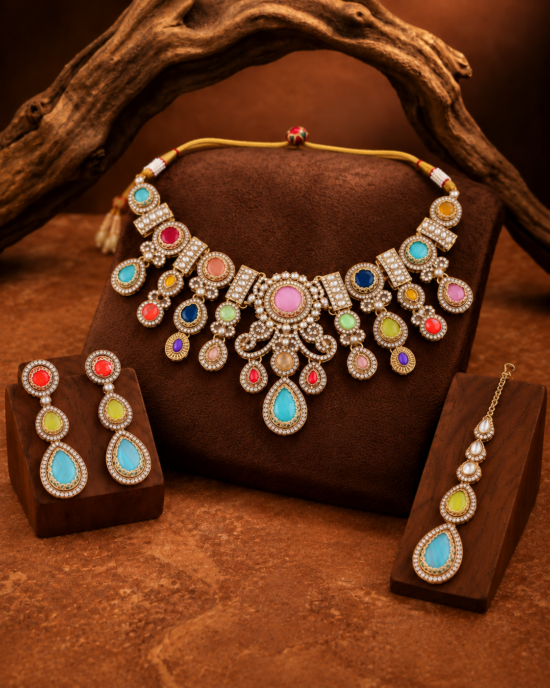 Multi Hemisha Premium Sabya Inspired Necklace Set with Earring & Teeka