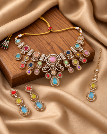 Multi Hemisha Premium Sabya Inspired Necklace Set with Earring & Teeka