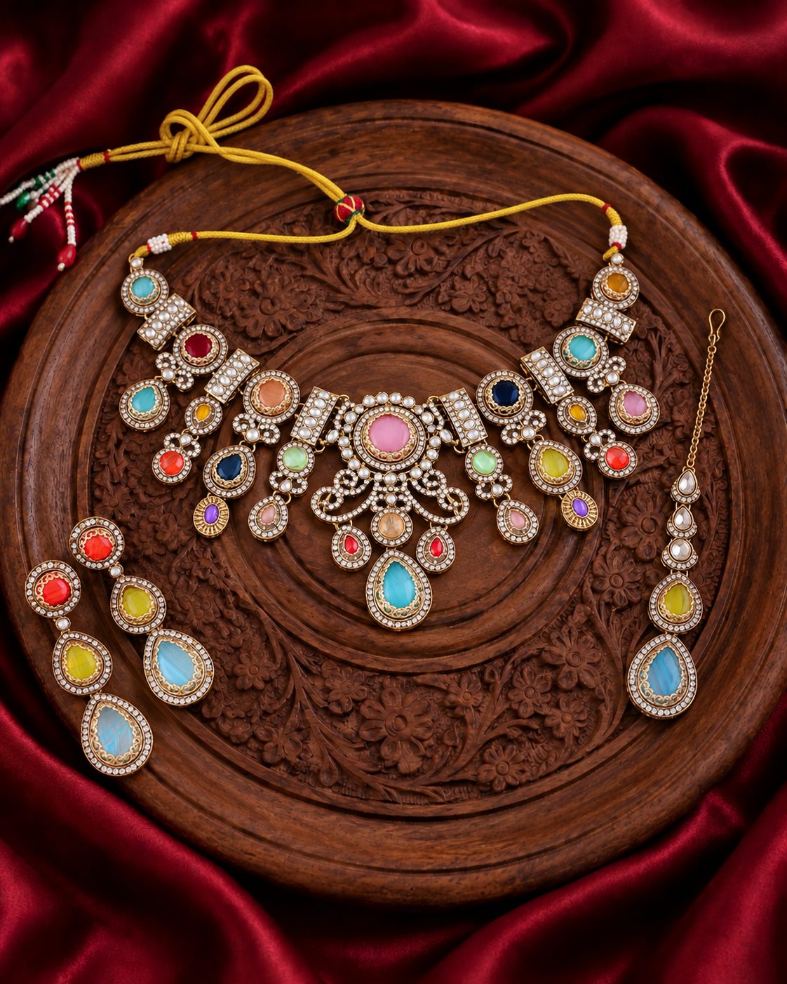 Multi Hemisha Premium Sabya Inspired Necklace Set with Earring & Teeka