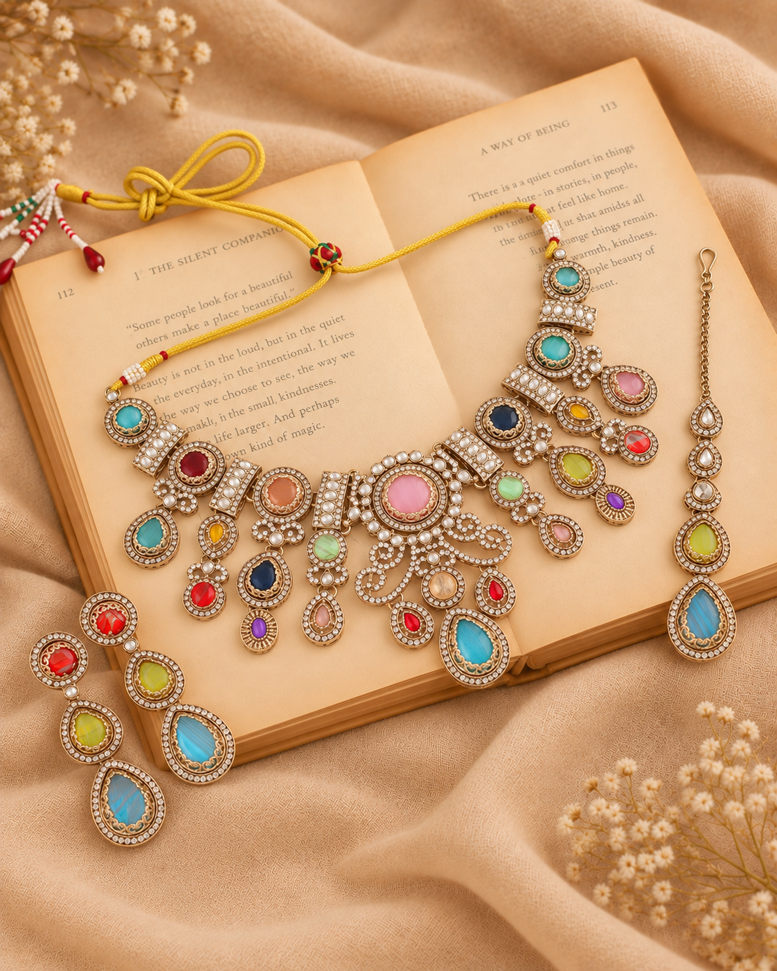 Multi Hemisha Premium Sabya Inspired Necklace Set with Earring & Teeka