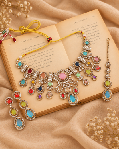 Multi Hemisha Premium Sabya Inspired Necklace Set with Earring & Teeka