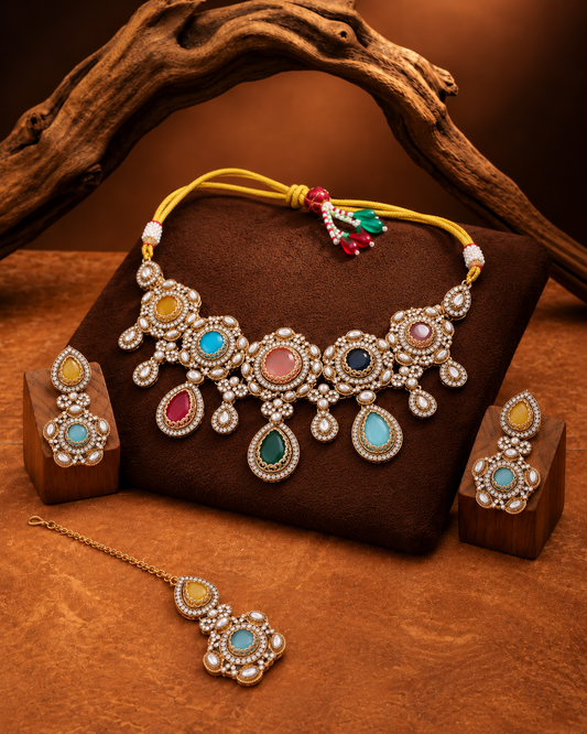 Multi Aarzohi Premium Sabya Inspired Necklace Set with Earring & Teeka