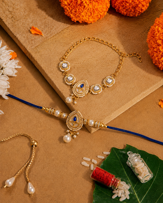 Blue Varyan Bhaiya Bhabhi Rakhi Bracelet Set | Tilak Set Included