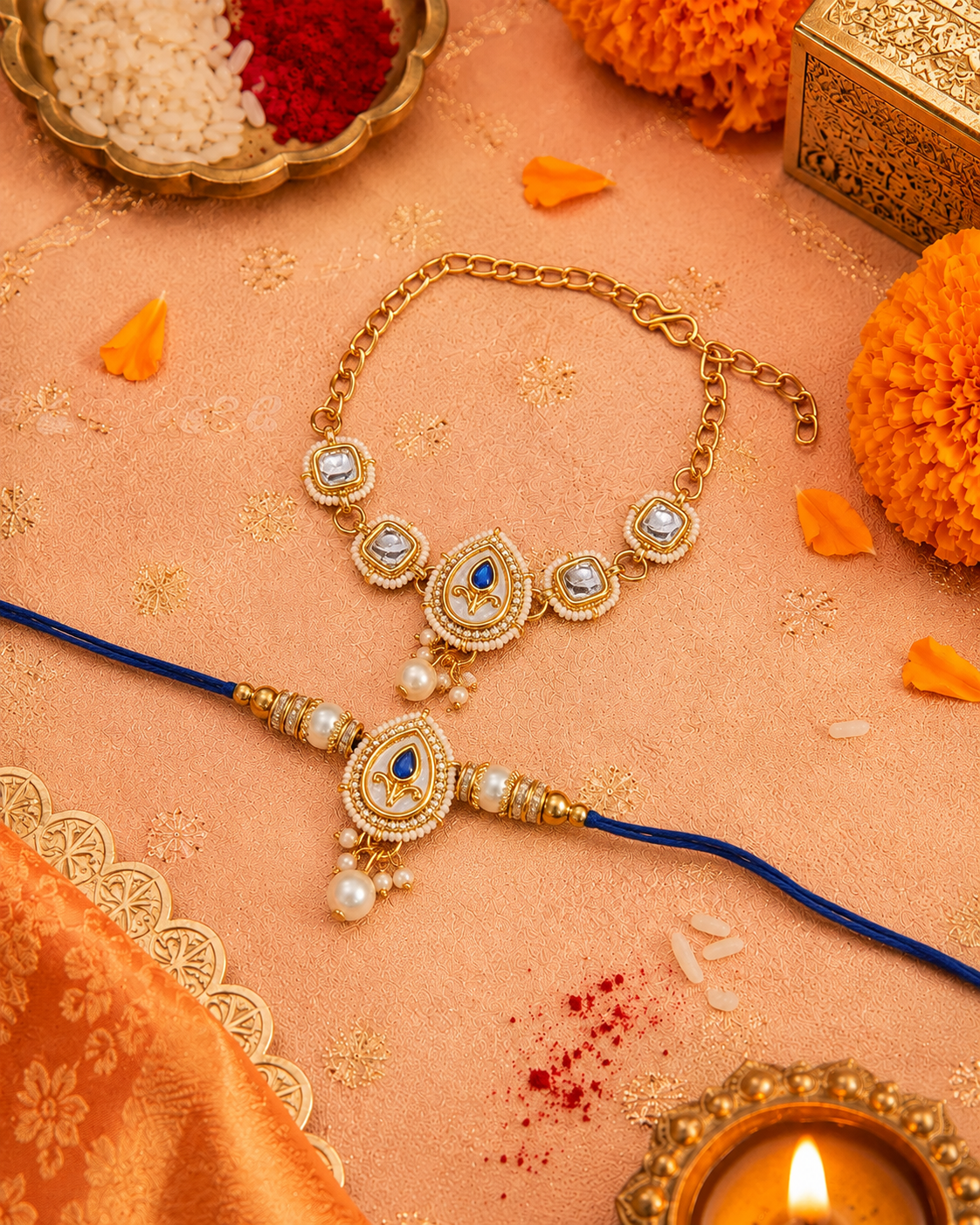 Blue Varyan Bhaiya Bhabhi Rakhi Bracelet Set | Tilak Set Included