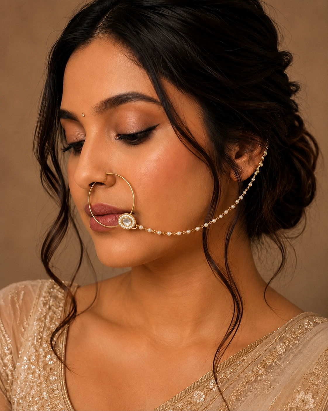 Vayra Bridal Nath with Pearl Chain