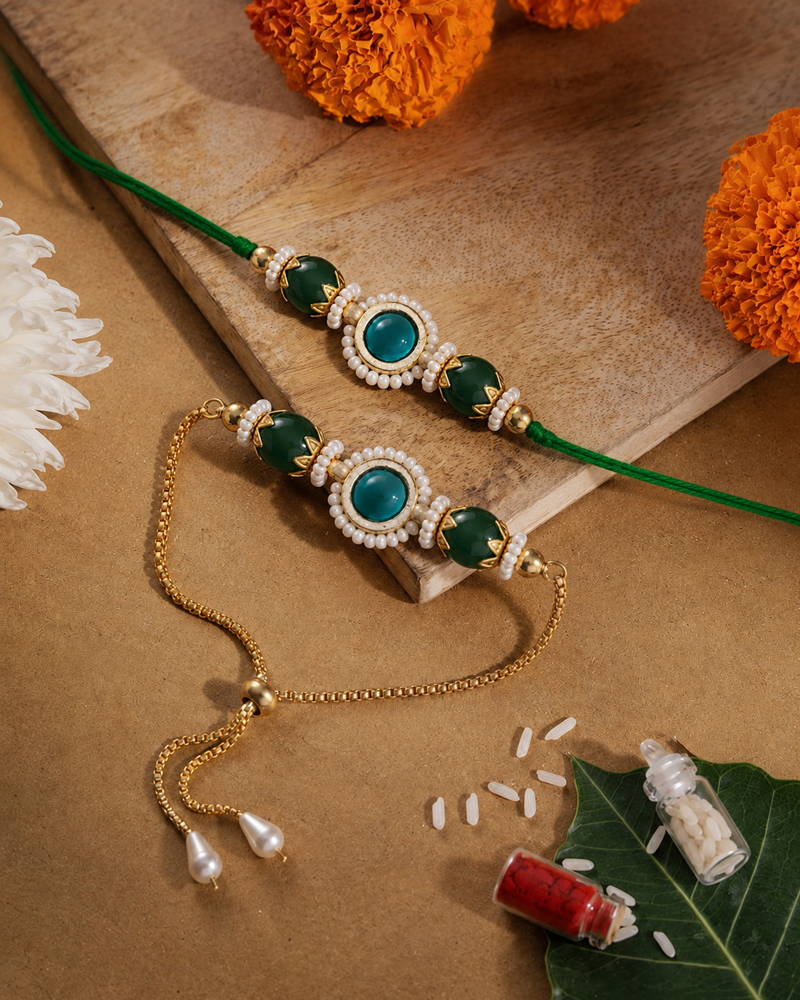 Green Adrika Bhaiya Bhabhi Rakhi with Tilak Set and Card