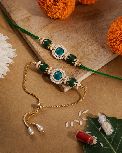 Green Adrika Bhaiya Bhabhi Rakhi with Tilak Set and Card