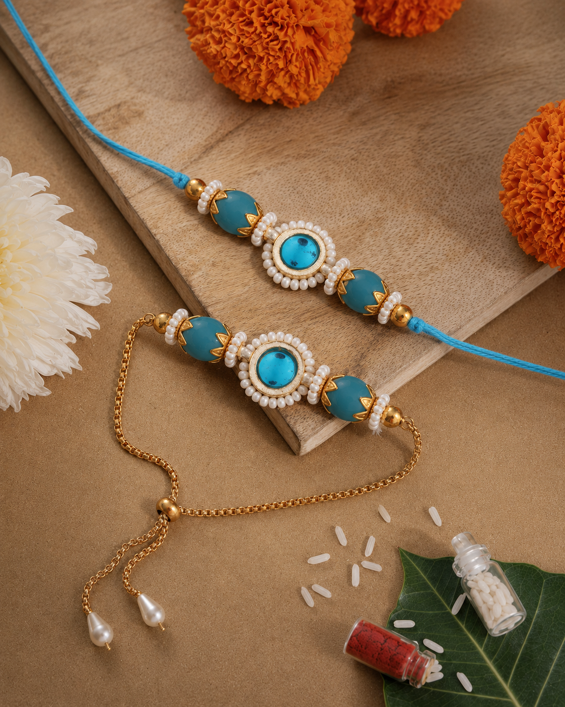 Turquoise Adrika Bhaiya Bhabhi Rakhi with Tilak Set and Card