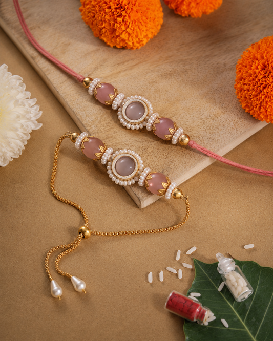 Peach Adrika Bhaiya Bhabhi Rakhi with Tilak Set and Card