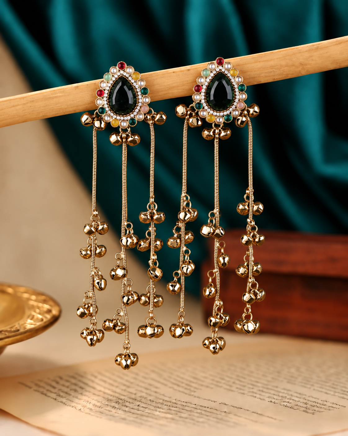 Green Multi Dhairya Kashmiri Look Ghunghru Jhumka Earring