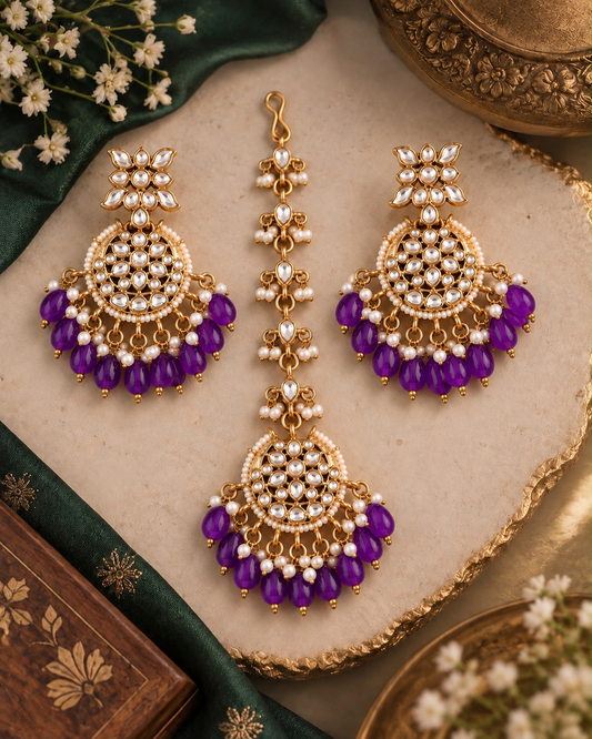 Purple Manraj Teeka Earring Combo Set