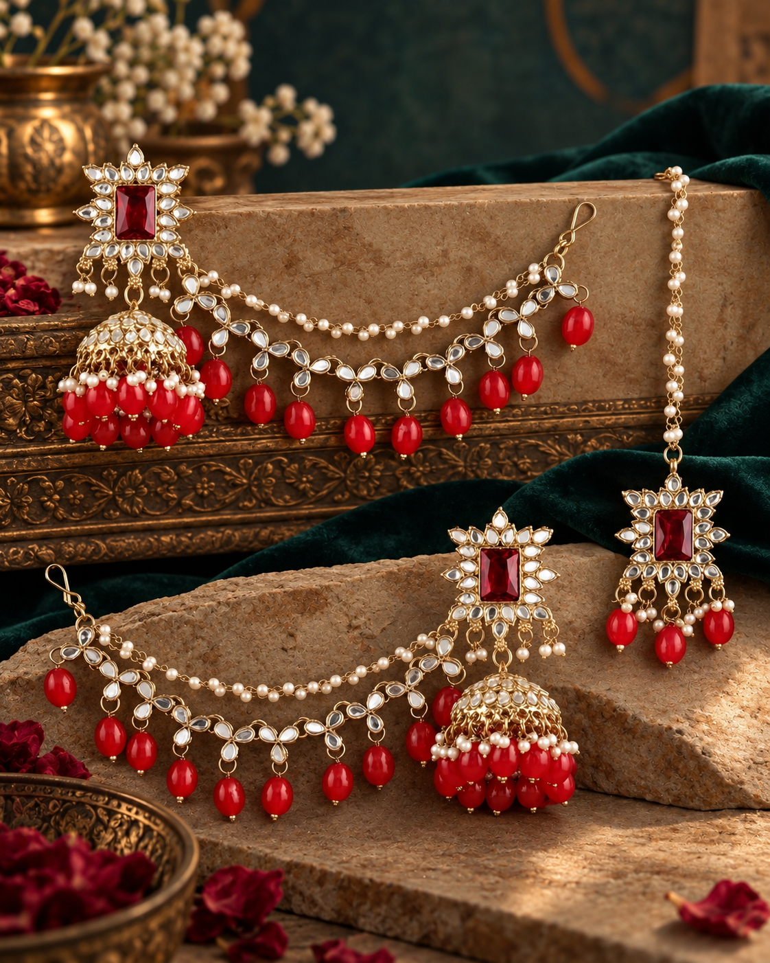 Red Kaur Mirror Bahubali Jhumka with Statement Kaan Chain and Teeka