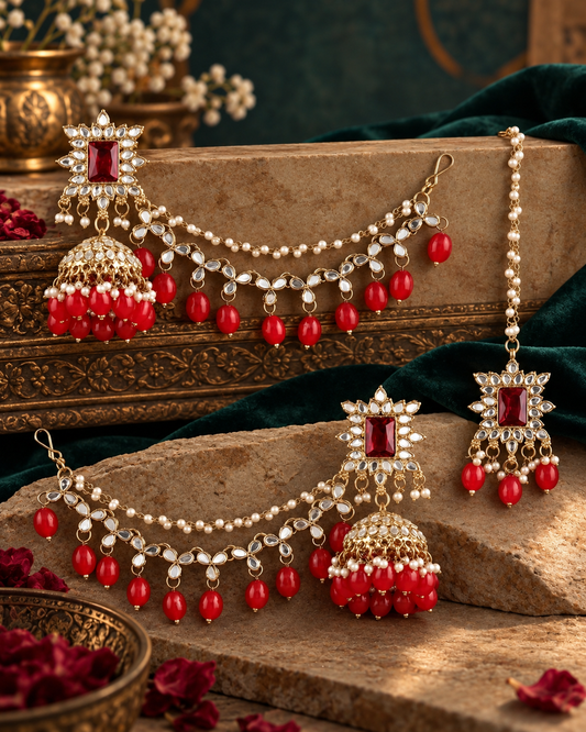 Red Kaur Mirror Bahubali Jhumka with Statement Kaan Chain and Teeka
