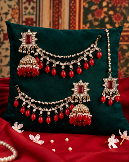 Red Kaur Mirror Bahubali Jhumka with Statement Kaan Chain and Teeka