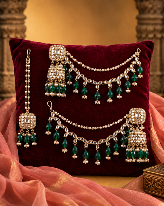 Green Aayat Bahubali Jhumka with Statement Kaan Chain and Teeka