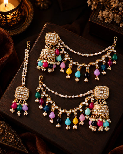 Multi Aayat Mirror Bahubali Jhumka with Statement Kaan Chain and Teeka