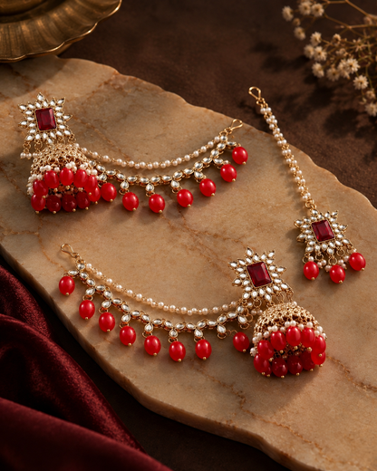 Red Kaur Mirror Bahubali Jhumka with Statement Kaan Chain and Teeka