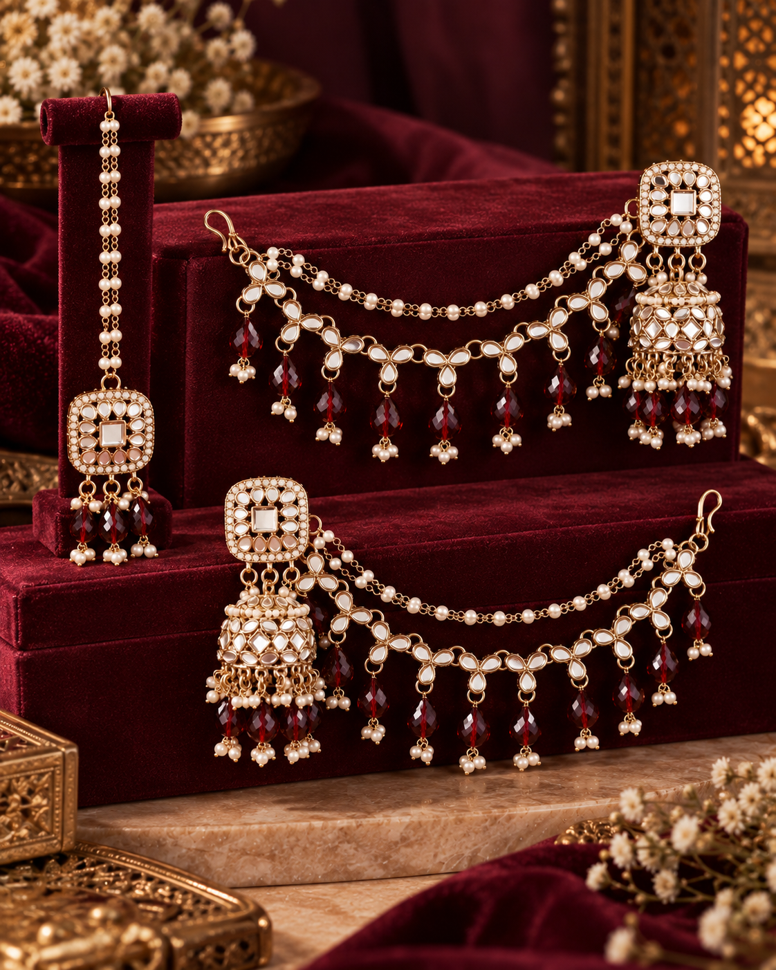 Maroon Aayat Bahubali Jhumka with Statement Kaan Chain and Teeka