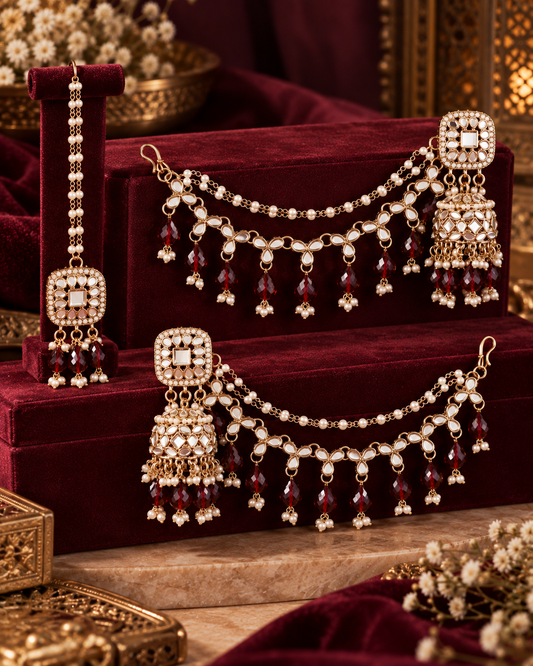 Maroon Aayat Bahubali Jhumka with Statement Kaan Chain and Teeka