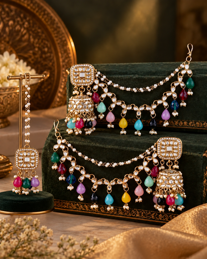 Multi Aayat Mirror Bahubali Jhumka with Statement Kaan Chain and Teeka