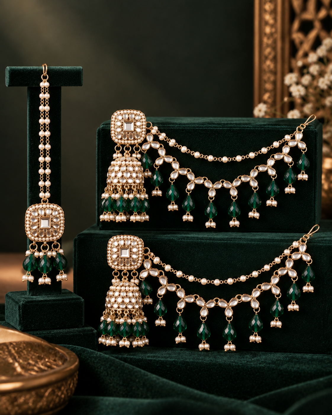 Green Aayat Bahubali Jhumka with Statement Kaan Chain and Teeka