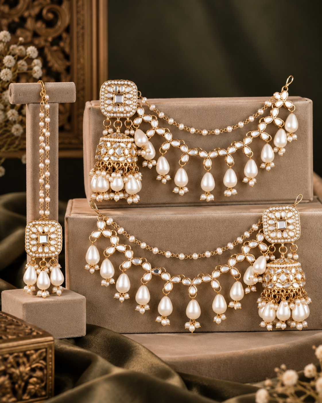 Pearl Aayat Bahubali Jhumka with Statement Kaan Chain and Teeka