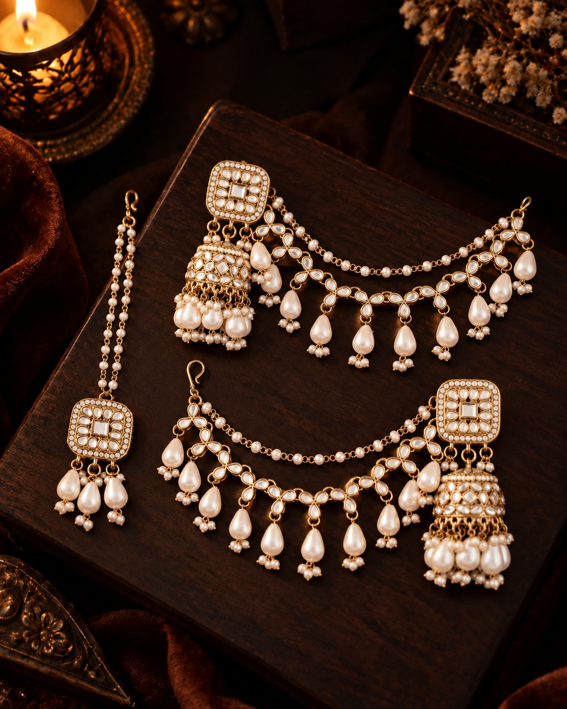 Pearl Aayat Bahubali Jhumka with Statement Kaan Chain and Teeka