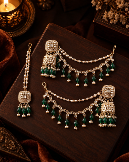 Green Aayat Bahubali Jhumka with Statement Kaan Chain and Teeka