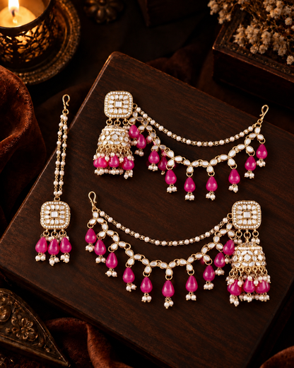 Pink Aayat Mirror Bahubali Jhumka with Statement Kaan Chain and Teeka