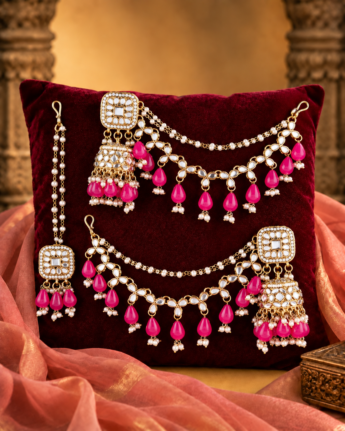 Pink Aayat Mirror Bahubali Jhumka with Statement Kaan Chain and Teeka