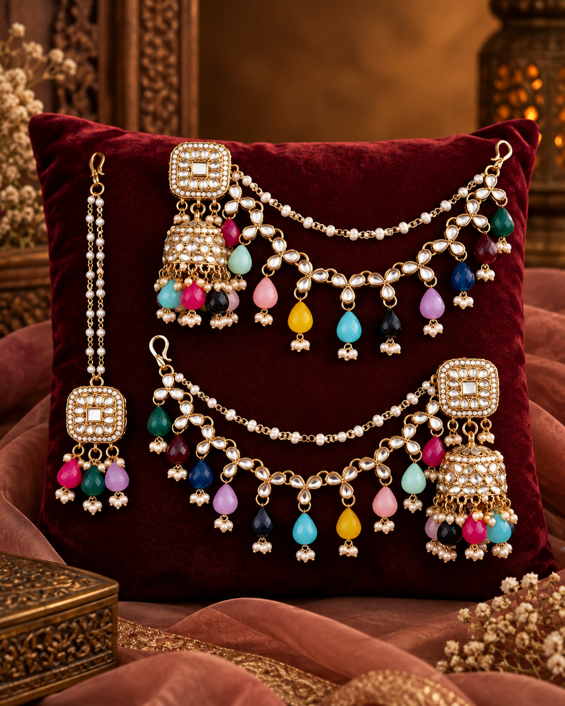 Multi Aayat Mirror Bahubali Jhumka with Statement Kaan Chain and Teeka