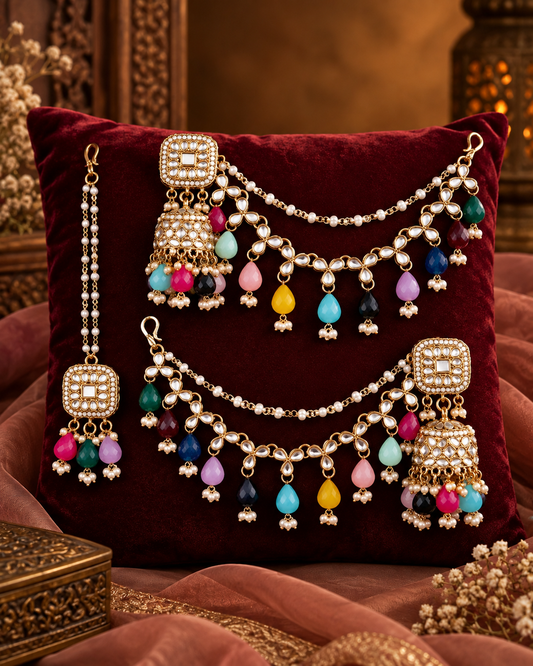 Multi Aayat Mirror Bahubali Jhumka with Statement Kaan Chain and Teeka