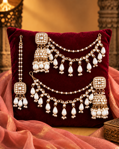 Pearl Aayat Bahubali Jhumka with Statement Kaan Chain and Teeka