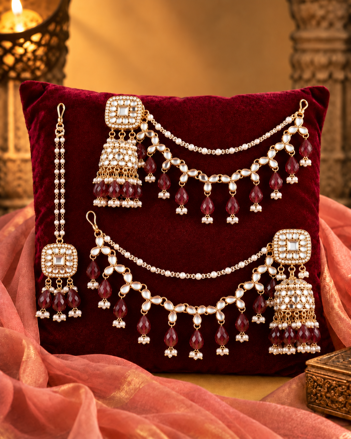 Maroon Aayat Bahubali Jhumka with Statement Kaan Chain and Teeka