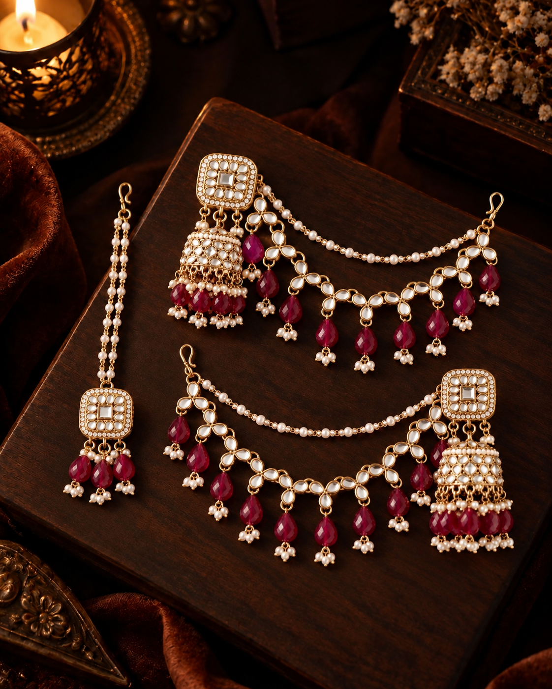 Maroon Aayat Bahubali Jhumka with Statement Kaan Chain and Teeka