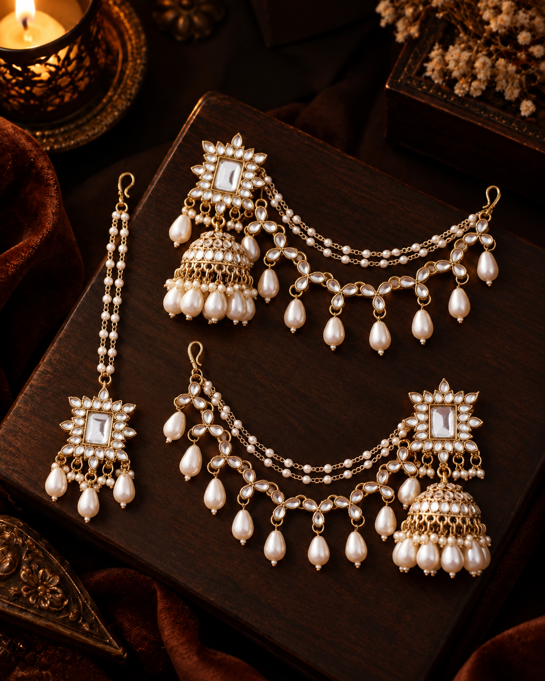 Pearl Kaur Mirror Bahubali Jhumka with Statement Kaan Chain and Teeka