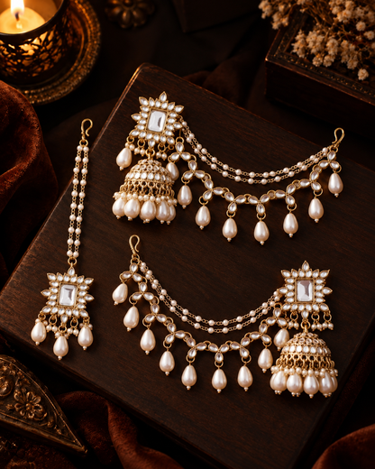 Pearl Kaur Mirror Bahubali Jhumka with Statement Kaan Chain and Teeka