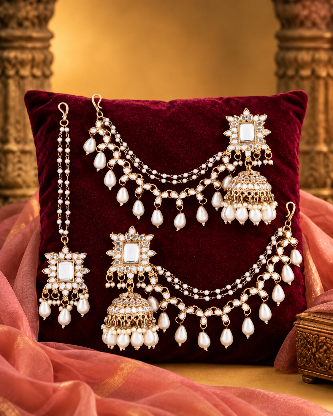 Pearl Kaur Mirror Bahubali Jhumka with Statement Kaan Chain and Teeka