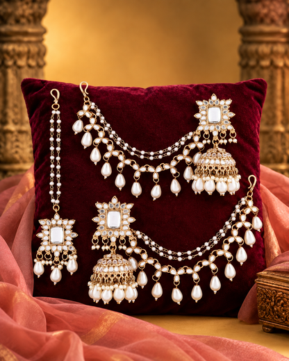 Pearl Kaur Mirror Bahubali Jhumka with Statement Kaan Chain and Teeka