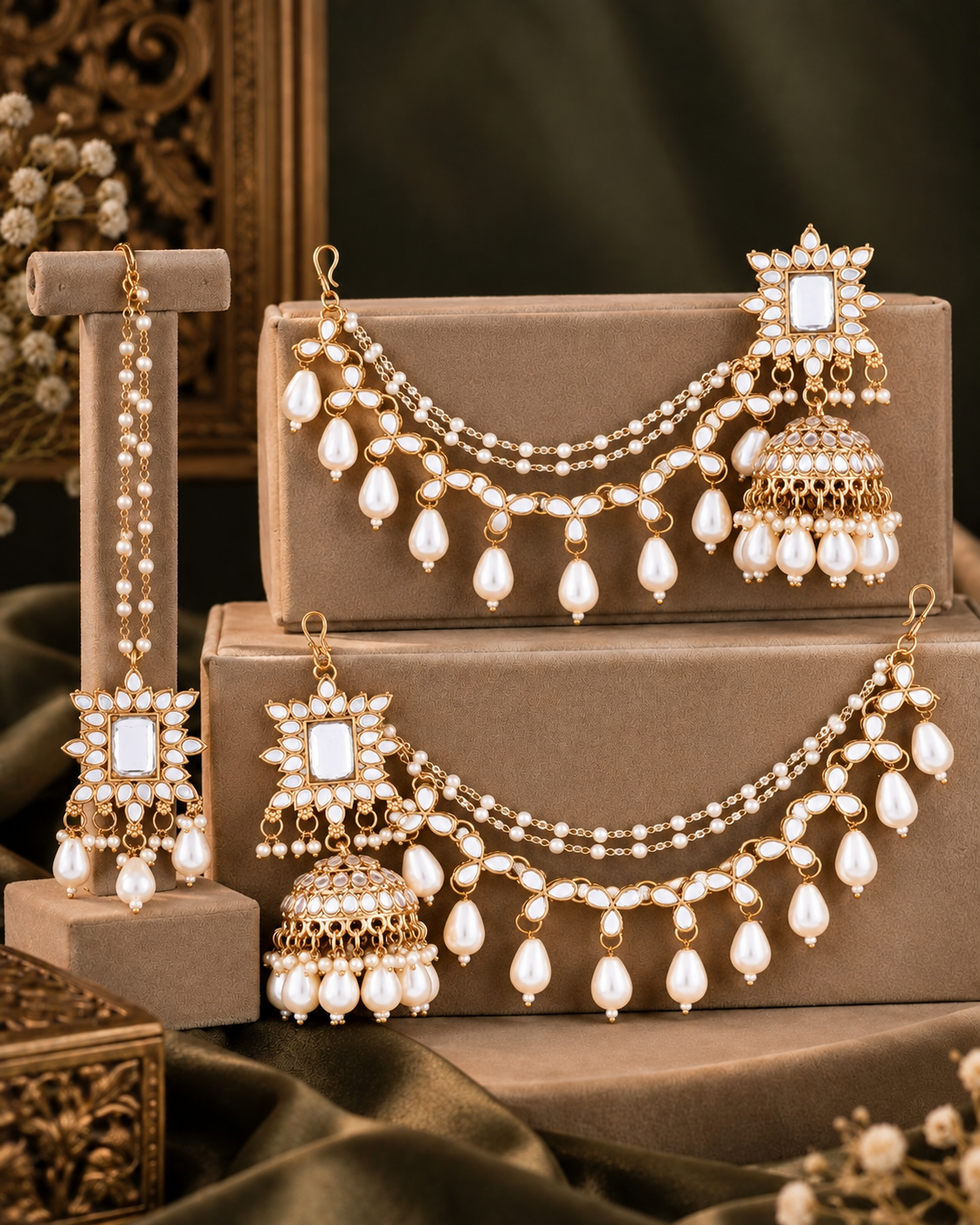 Pearl Kaur Mirror Bahubali Jhumka with Statement Kaan Chain and Teeka
