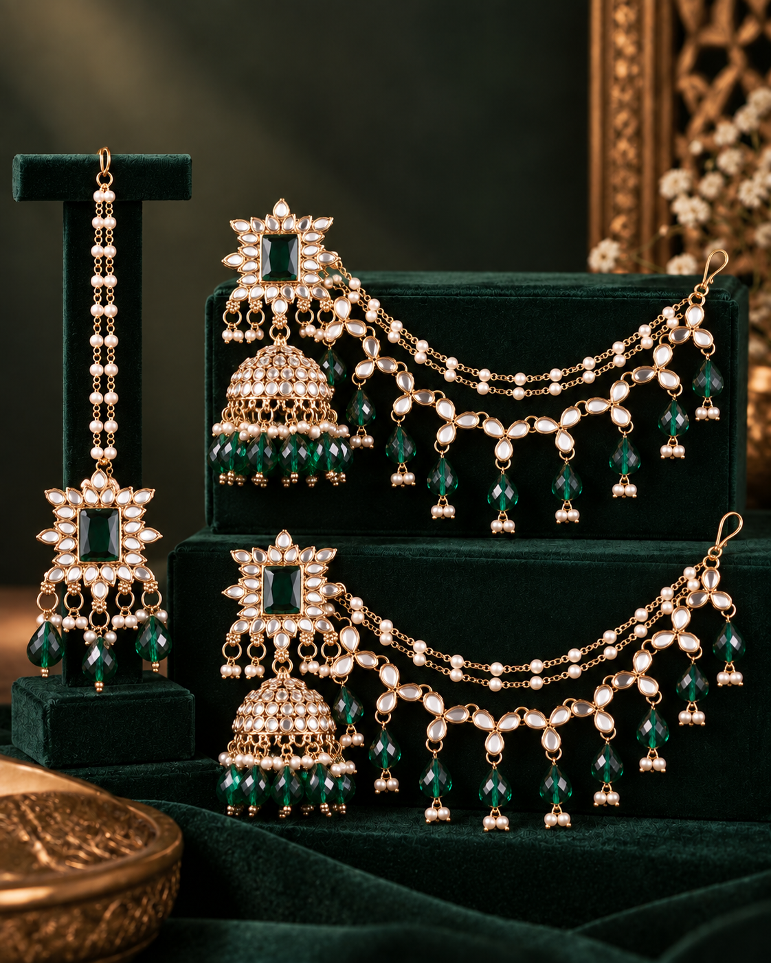 Green Kaur Mirror Bahubali Jhumka with Statement Kaan Chain and Teeka