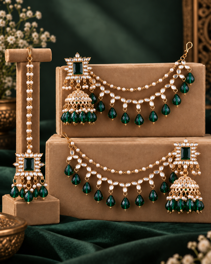 Green Kaur Mirror Bahubali Jhumka with Statement Kaan Chain and Teeka