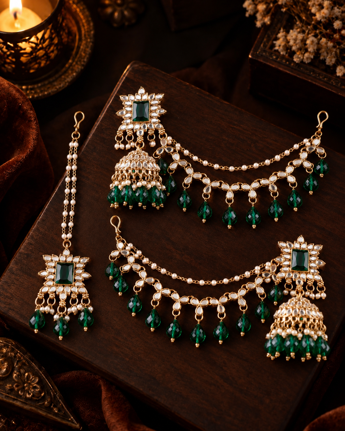 Green Kaur Mirror Bahubali Jhumka with Statement Kaan Chain and Teeka